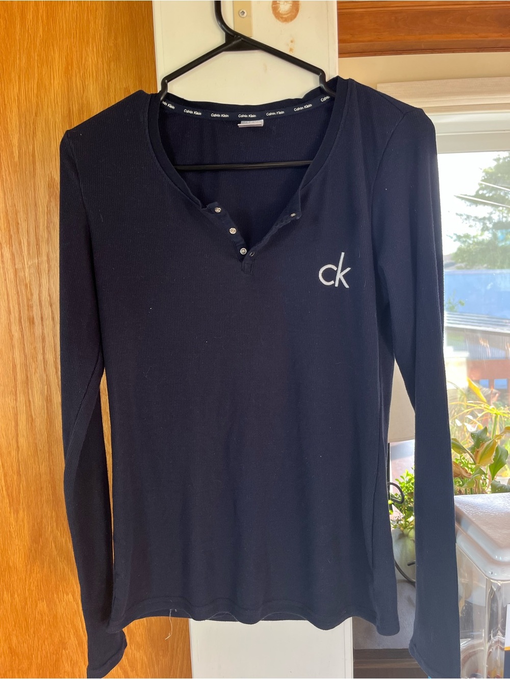 Calvin Klein Black Long-Sleeve Ribbed Henley with CK Logo